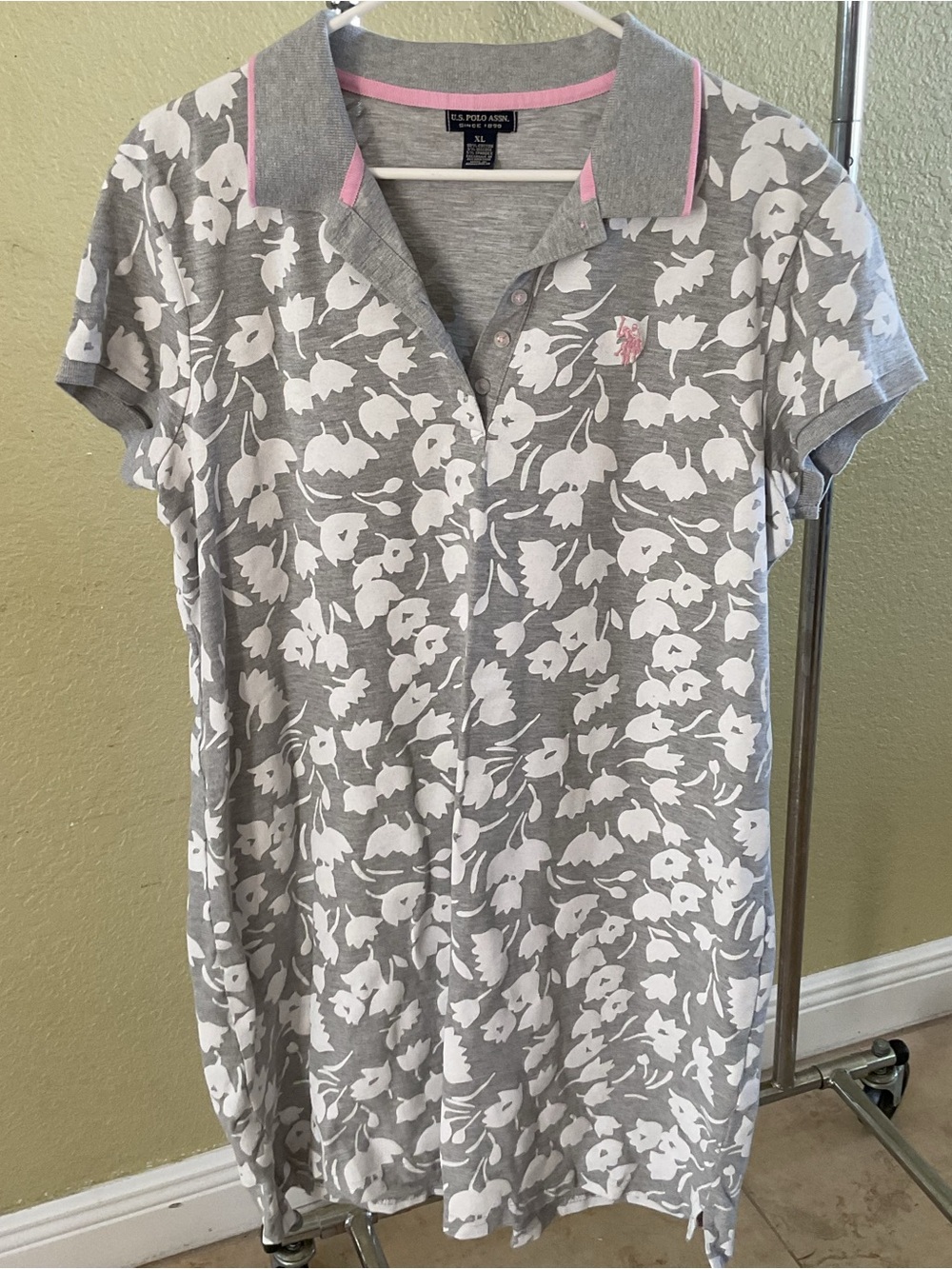 U.S. Polo Assn. Gray Floral Polo Dress with Pink Trim